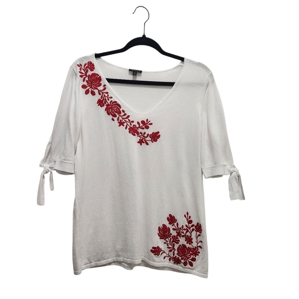 Talbots Red Floral Embroidered White Tie Sleeve V-Neck Top Size M Cottagecore